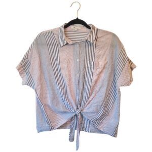 Madewell Women's Red White And Blue Stripe Cotton Tie Front Blouse Size M